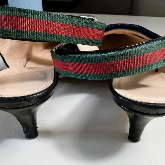 Gucci Malaga Black Kid Web Horsebit Low Heel Slingback Pumps Sz 36.5 - Picture 11 of 14